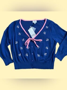 NWT~Blue & Pink Retro Cropped Cardigan Sweater; Bows, Anchors, Rockabilly Pin-Up
